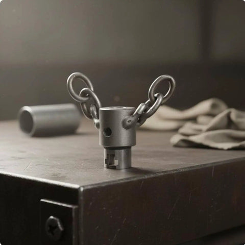 No Nonsense Heavy Duty Auger Chain Head Drain Cleaning Tool For Plumbers With Universal 22Mm Shank Connector, metal design on dark surface.