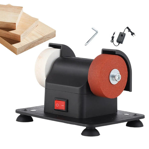 Heavy Duty Mini Bench Grinder With Dual Grinding Wheels For Precise Tool Sharpening And Burr Removal Electric Tabletop Machine on black base with wooden planks.