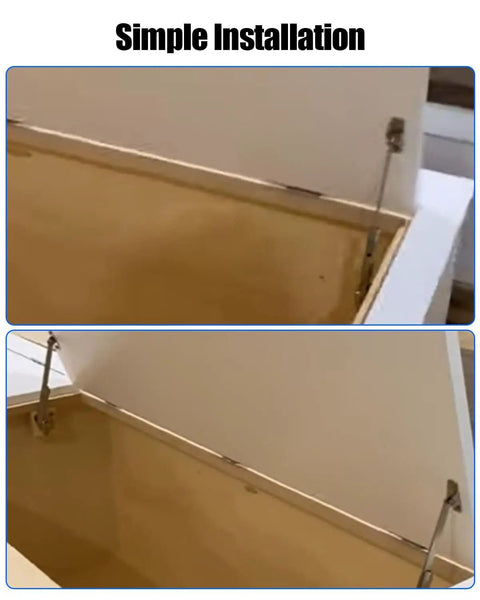 Gas Strut Lid Hinge For Storage Box installed on inside of wooden toolbox showing smooth lid lift mechanism.