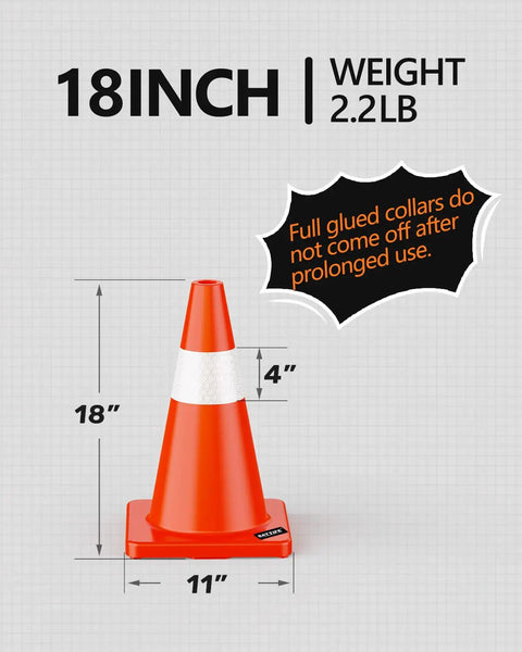 18-inch orange traffic cone with reflective collar, durable PVC construction. 12 Pack 18 Inch Traffic Safety Cones With Reflective Collars