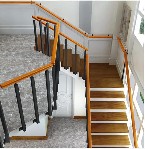 Tough As Nails Side Mount Banister Posts Black Metal Deck Railing Spindles with adjustable brackets on staircase.