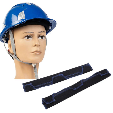 Premium Cotton Hard Hat Sweatbands 2 Pack Breathable Reusable Headband For Construction Crews And Trade Pros with blue helmet and black sweatbands.