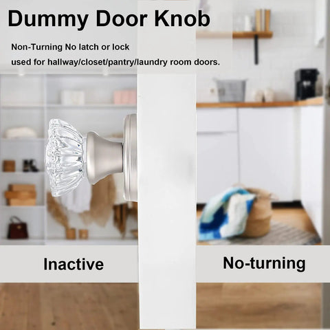 Crystal Half Dummy Glass Door Knob Set For Hall And Closet Interiors with satin nickel finish on interior door.
