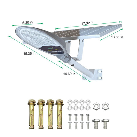 Solar Street Light For Driveways And Yards Super Bright Outdoor Lighting Waterproof And Solar Powered 11000mAh Battery No Wiring Needed Ideal For Barns And Remote Areas with mounting hardware and dimensions illustrated.