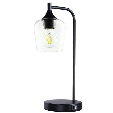 Cozy Industrial Table Lamp For Living Room With 2 USB Ports, Black Nightstand Lamp, Clear Glass Shade, Dimmable Bedside Light