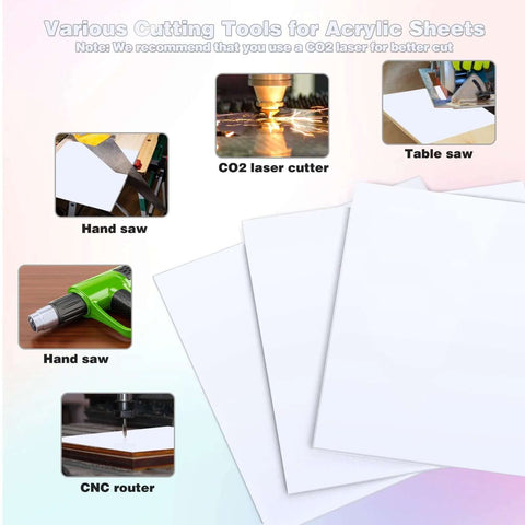 Three white cast acrylic sheets, 8 x 8 inches, 3 mm thick, with protective paper for laser cutting/engraving.