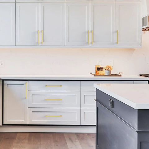10 Pack Brushed Brass Cabinet Pulls With 9 Inch Hole Centers for kitchen cabinets and drawers in a modern kitchen setting