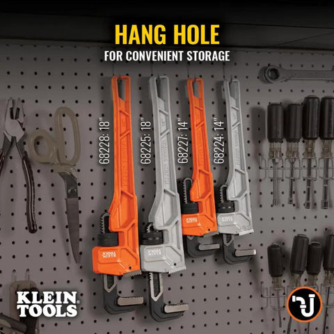 14 Inch Cast Iron Pipe Wrench Heavy Duty Adjustable Plumbing Wrench With I Beam Handle hanging on tool wall for storage