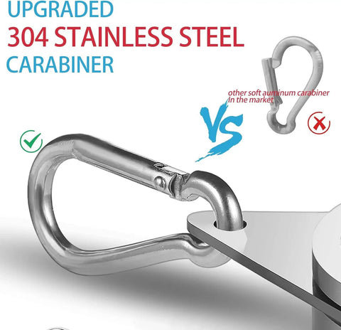 Heavy Duty Flag Pole Rings For One Inch Poles With 360 Degree Swivel Clips and Foolproof Anti Wrap Design Keeps Yard Flags Spinning Smooth Without Knots Or Snags On Breezy Afternoons Secure Fit Pack Of Two Silver close-up of upgraded 304 stainless steel carabiner.