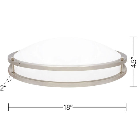 18 Inch LED Flush Mount Ceiling Light In Satin Nickel, Round Fixture, 2000 Lumens, Dimmable Dual Ring Design with Measurements