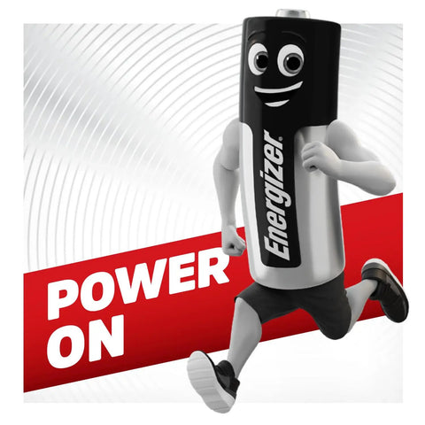 Kickass Alkaline Battery Two Pack Model 4LR44 And A544 Rock Solid Silver Power Cell mascot running with text Power On.
