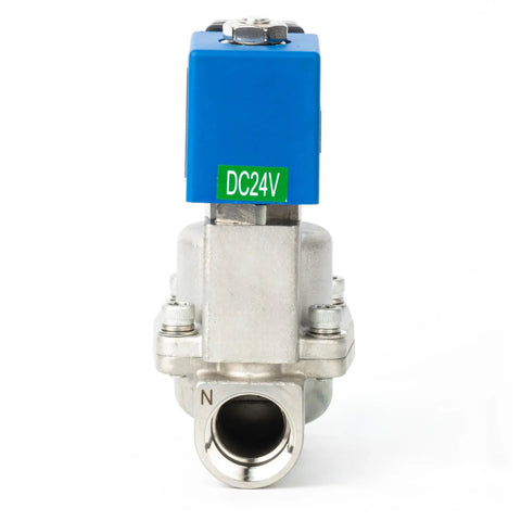 Front view of 24V DC solenoid valve in stainless steel, 100 bar; Beefed-Up High Pressure 24V DC Solenoid Valve In Stainless Steel For Industrial Use