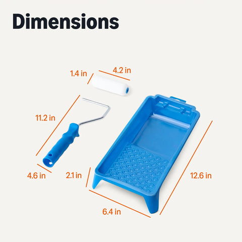 Premium Foam Paint Roller Kit With Four Inch Rollers And Full Eight Cover Set including blue paint tray, roller, and handle dimensions.