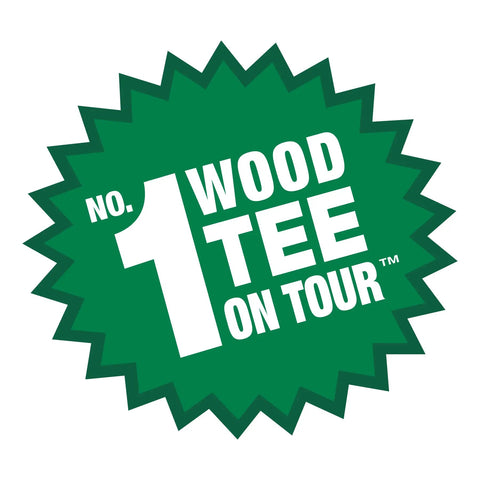 Green badge with text 'No. 1 Wood Tee On Tour' for ProLength Plus Golf Tees 3 1/4 Inch, 75 Count Bag, Blue On Natural, Natural Hardwood.