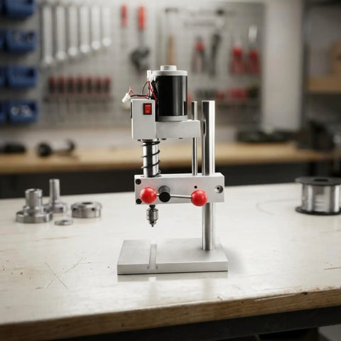 Compact Mini Bench Drill Press With Rectangular Base Ideal For DIY Projects Featuring Stable Metal Body Adjustable Head Lever in workshop setting.