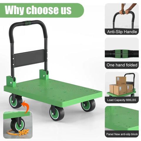Heavy Duty Folding Platform Cart With Rock Solid Steel Frame, Smooth Rolling Rubber Wheels, 661 Pound Load Capacity Utility Hauler For Groceries And Gear, Built Like A Tank For Daily Tasks with green platform and rubber wheels.