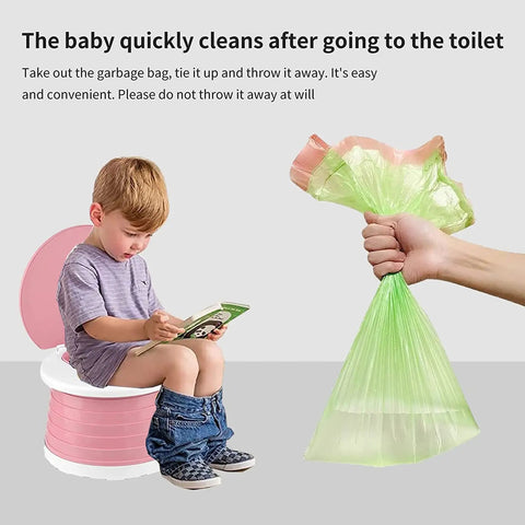 Child using Hassle Free Foldable Toddler Potty Seat with disposable liner in hand; practical potty training solution.