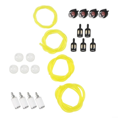 Super Cool 16ft Fuel Line Hose Kit With Four Sizes Perfect For Chainsaws And Small Engines Plus Includes Plenty Of Primer Bulbs And Filters For Easy Repair Work And Maintenance Needs, fuel lines, primer bulbs, and filters on white background