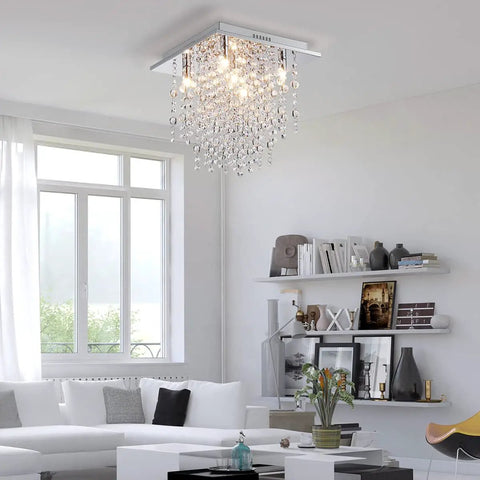 Five Light Modern Flush Mount Crystal Ceiling Light Fixture in living room, sparkling clear crystals, 12x13 inches.