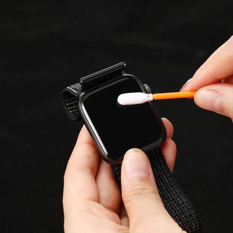 200 Piece Foam Swab Set With Sponge Tips For Inkjet Printer Print Heads Cameras And Optical Equipment Cleaning Pro Grade Open Cell Foam With Secure Poly Shaft 3.66 Inch Orange Swabs cleaning a smartwatch screen