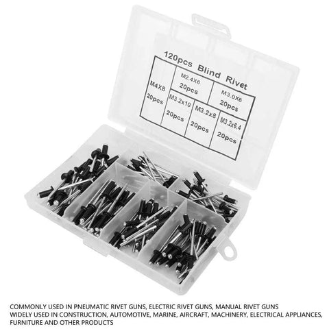 Aluminum Blind Rivet Kit With 120 Rivets In 6 Sizes M2.4x6 M4x8 And More, Smooth Black Finish, Easy Install For Pneumatic Electric And Manual Rivet Guns, Perfect For Repair, Assembly And Construction Projects. Open plastic case with 120 black aluminum blind rivets in 6 sizes