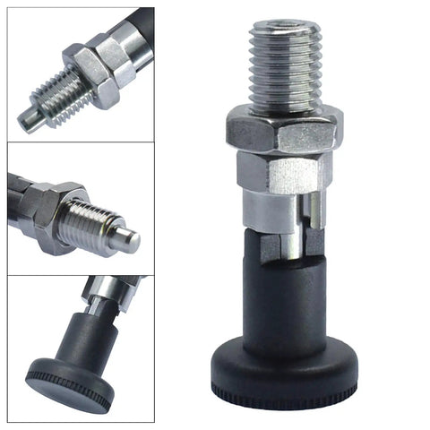 Heavy Duty Stainless Steel Self Locking Positioning Plunger Knob M16 Fine Thread Spring Pin view with hex nut and smooth operation.