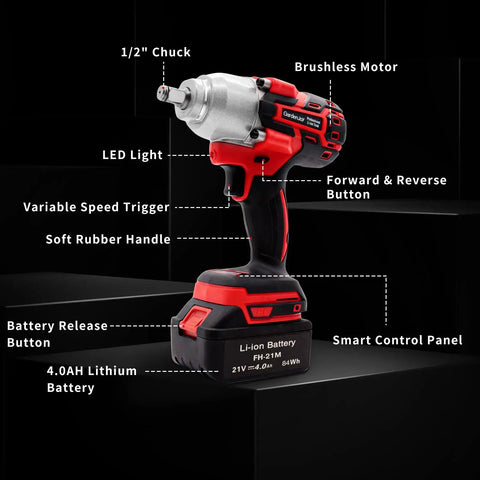 Cordless Half Inch Brushless Impact Wrench Kit With 450 Foot Pounds Torque, highlighting LED light and 4.0Ah battery.