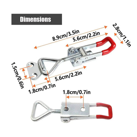 Heavy Duty Toggle Latches With Adjustable Over Center Clamp Rust Resistant Metal Fasteners for cabinets showing dimensions.
