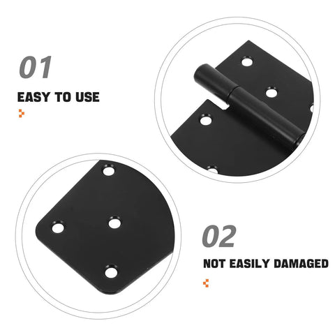 Close-up of Heavy Duty 3.5 Inch Black Weld-On Gate Hinges For Wood Fences And Barn Doors With Screws, focusing on hinge plate.