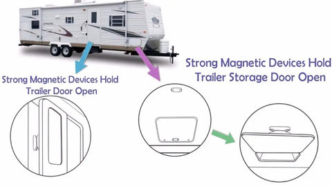 Magnetic RV Door Holder Set White Five Pairs For Secure Trailer Door Closure showing door and storage latch installation.