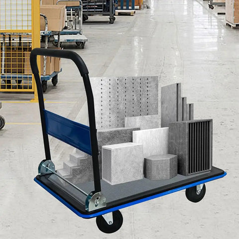 Heavy Duty Workhorse Folding Platform Truck With 660 Lb Capacity, Flatbed Hand Truck On 360 Degree Swivel TPR Silent Wheels, Non Slip Utility Dolly For Moving Boxes In Warehouse Garage And Office, Durable Steel Frame Blue loaded with sample blocks