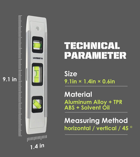 Compact 9 Inch Torpedo Level Featuring 45 90 180 Degree Bubble Vials High Visibility Green Acrylic Tubes side view with measures.