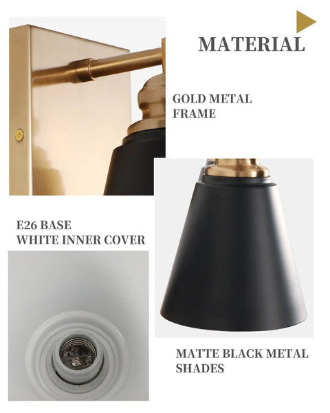 Close-up of Black And Gold 3 Light Vanity Light For Bathroom Over Mirror 23 Inch with metal frame and matte black shades.