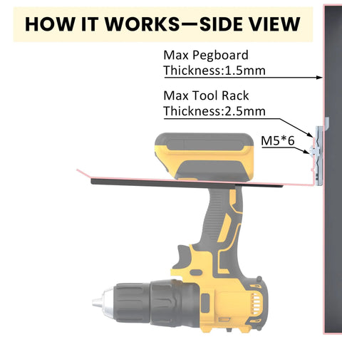 Side view of Pegboard Mounting Adapter Set showing installation with a drill, demonstrating max pegboard and tool rack thickness.