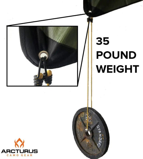 Rock Solid Insulated Tarp And Thermal Survival Blanket grommet detail with 35-pound weight for stability during use.