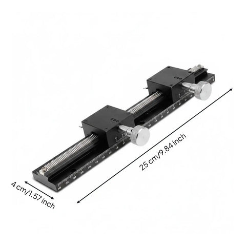 Smooth Linear Motion Dovetail Guide For Precision CNC Stages, 40x40mm Table, 210mm Stroke, 25mm Rail, 2x100mm Travel, 3kgf Load, 0.06mm Parallelism, Knurled Hand Wheel Locking, Lightweight 0.65kg, black linear stage with 25 cm scale