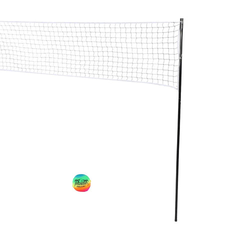 Portable Beach Volleyball Set With No Sag Net System featuring pro-grade steel poles and a vibrant volleyball.