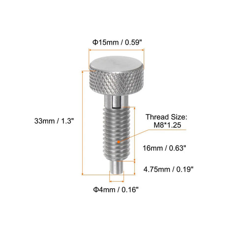 Workhorse 3 Pack Spring Plunger Pins M8x1.25 Thread 4mm Diameter Stainless Steel Lockout Hardware showing dimensions and thread details.
