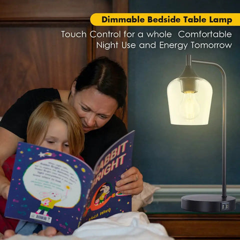 Cozy Industrial Table Lamp For Living Room With 2 USB Ports, Black Nightstand Lamp, Clear Glass Shade, Bedside Light with Book Reading