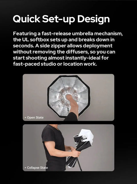 Professional Grade 23.6 Inch Octa Softbox With Bowens Mount shown in open and collapse states highlighting quick setup features.