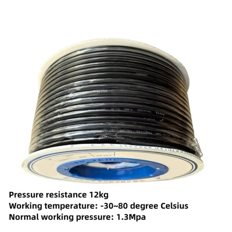 Premium Pu Air Compressor Hose 100 Ft in a roll, showcasing durable black tubing for pneumatic tools and shop rigging.
