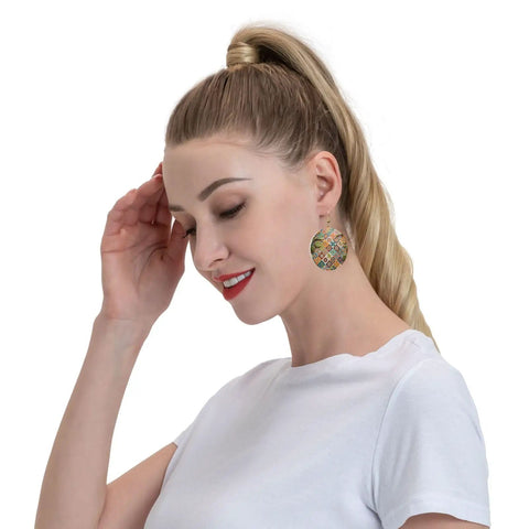 Fresh Grid Print Dangle Earrings for Women Lightweight Silver Plated Faux Leather Statement Drops With Hypoallergenic Rust Proof Hooks worn by woman, showcasing vivid grid pattern.