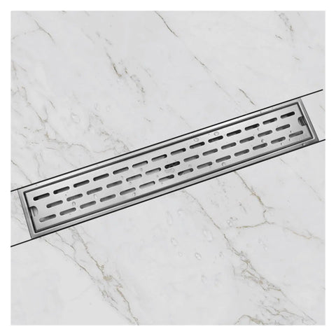 Smooth Operator Brushed Gold Invisible Floor Drain For Bath And Shower 60Cm Square Cover on marble floor, featuring slotted drainage design.
