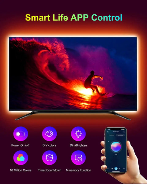 Color Changing Bluetooth LED Backlights For TV With Dope Smart App Control 15ft USB Powered Strip Perfect For Bedroom Gaming Room PC Or Mirror Fits 55 To 75 Inch TVs Music Sync Voice Control Remote And IR Options showing app interface and TV illumination.