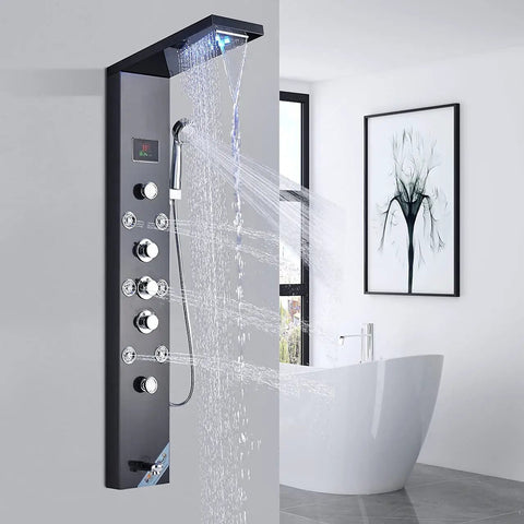 LED Rainfall Shower Panel Tower With Waterfall Handheld Tub Spout And Massage Jets Temperature Display Five Function Spa Upgrade in bathroom