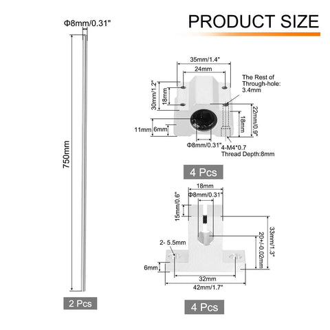 Dimensions of 8mm x 750mm Linear Motion Rail Guide Kit With Four SCS8UU Bearings And Four SK8 Rail Supports for CNC and 3D printers