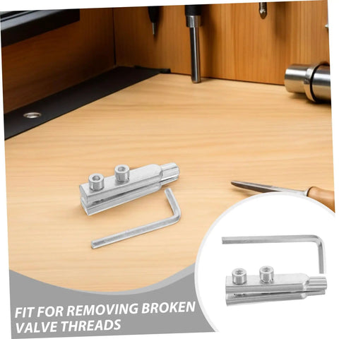 Top Notch Two Piece Stainless Steel Broken Thread Extractor Set For Fast Faucet And Pipe Screw Removal With Precision Design To Save Time And Cash On Diy Repair Work Today Without Ruining Surrounding Fixtures. two-piece silver steel tool with Allen key for valve threads