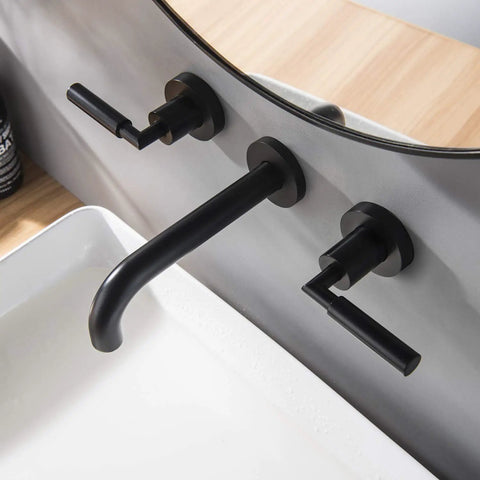 Matte Black Wall Mount Bathroom Faucet With Dual Handles, Solid Brass Construction, Wall Mounted Sink Faucet, Includes Rough-In Valve