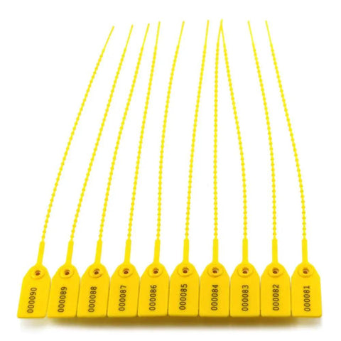 Yellow Numbered Security Zip Ties With Tamper Evident Seal Tags Pull Tight Self Locking Disposable Safety Locks For Fire Extinguishers Awesome For Airline Cargo Shipping Warehouses Luggage And Packages 100 Pack displayed in a row showing serial numbers.