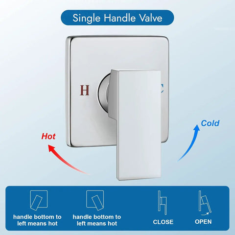 Slick 8 Inch Square Rainfall Shower Faucet Set With Tub Spout In Polished Chrome Finish showing single handle valve for easy temperature control.